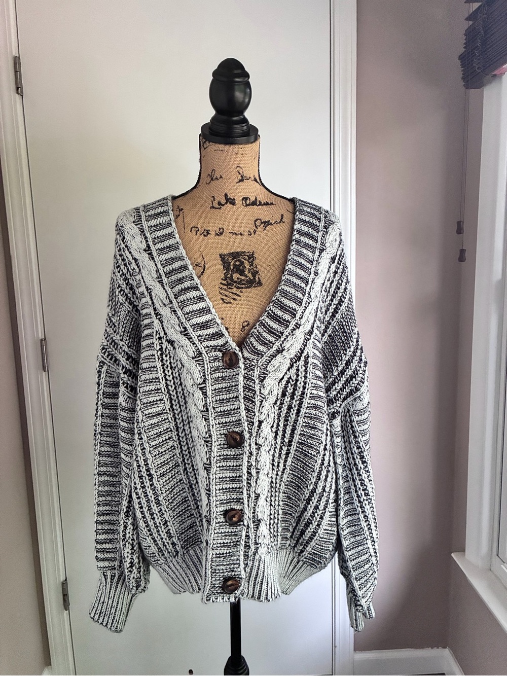 SHEIN Black & White Marled Cable Knit Button-Up Cardigan